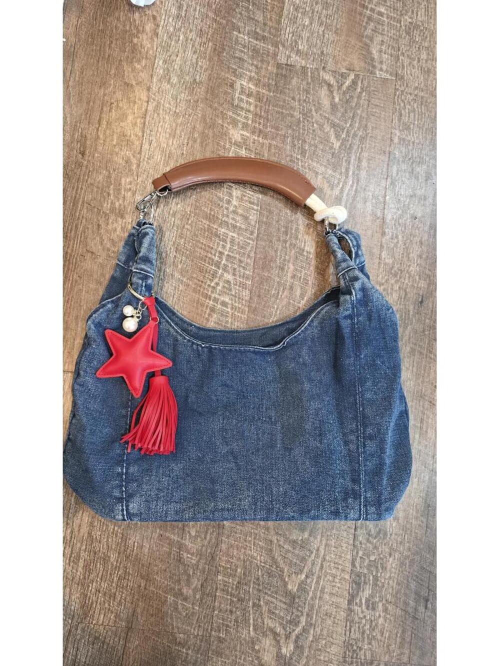 Blue Denim Handbag with Red Star Bag Charm